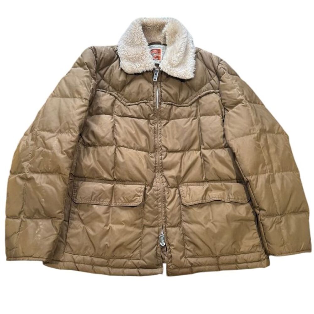 Vtg Pioneer Wear Quilted Puffer Jacket Sherpa Collar‎ Tan Brown Winter Coat |V1